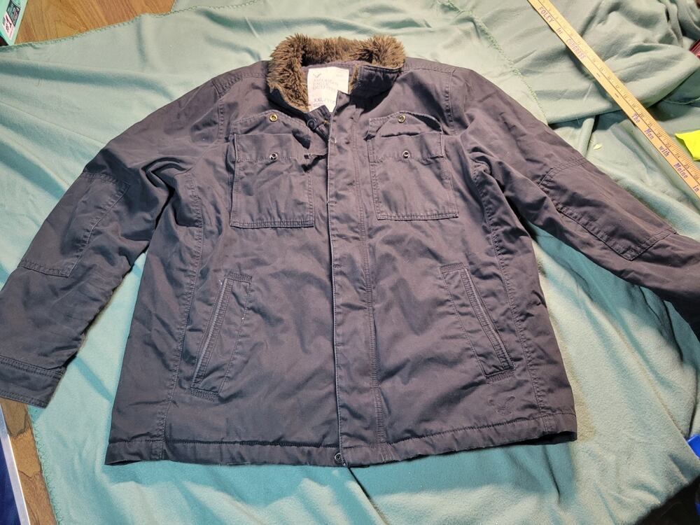 Vintage American Eagle Coat Khaki Faux Fur Lined Full Zip Chore Jacket Size XXL